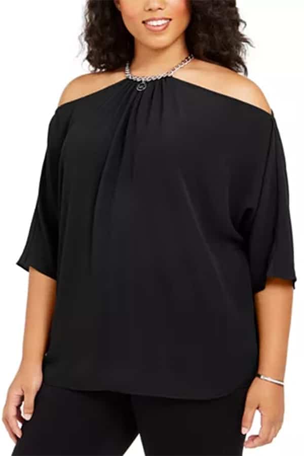 Black blouse with chain detail at the neck