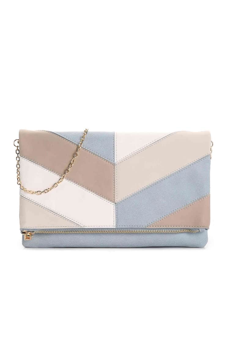 Blue and beige colorblock clutch bag