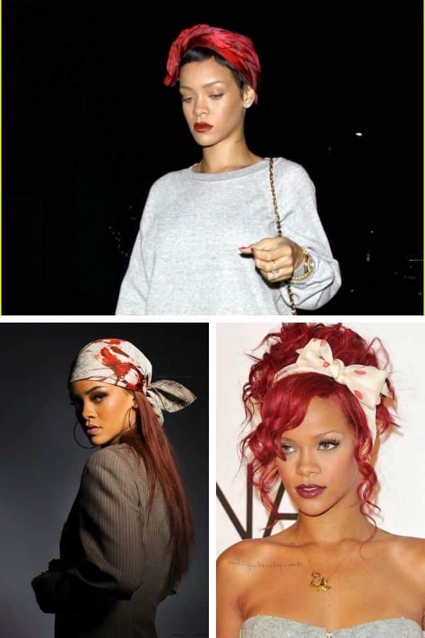 Collage of Rihanna wearing hair scarves 