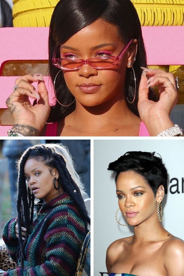Collage of Rihanna wearing hoop earrings