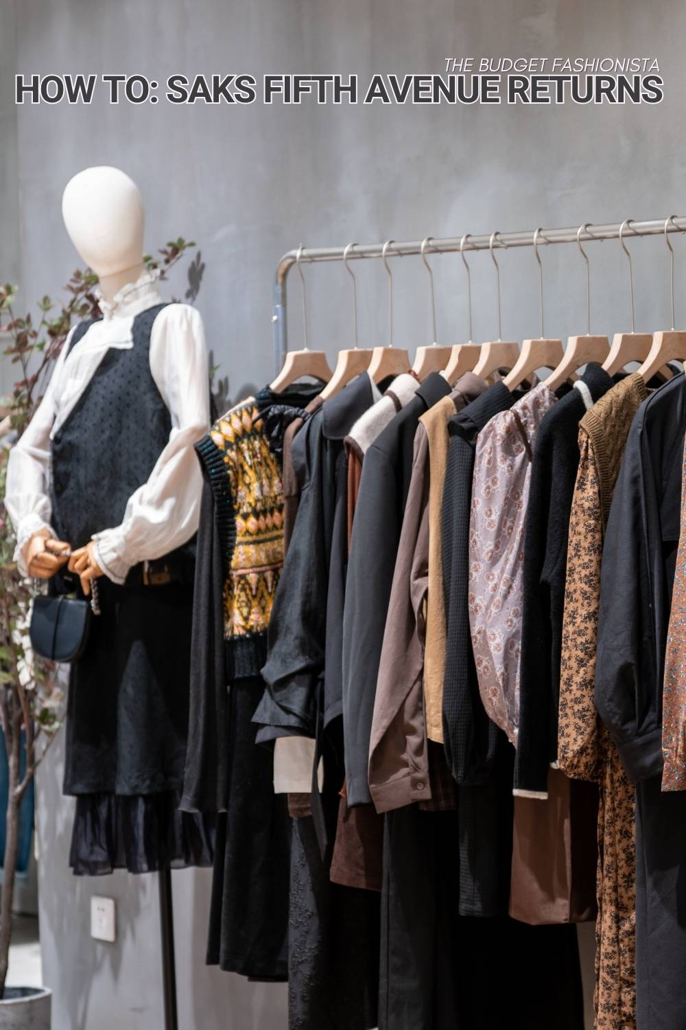 Clothing rack with neutral toned fashion pieces with text overlay