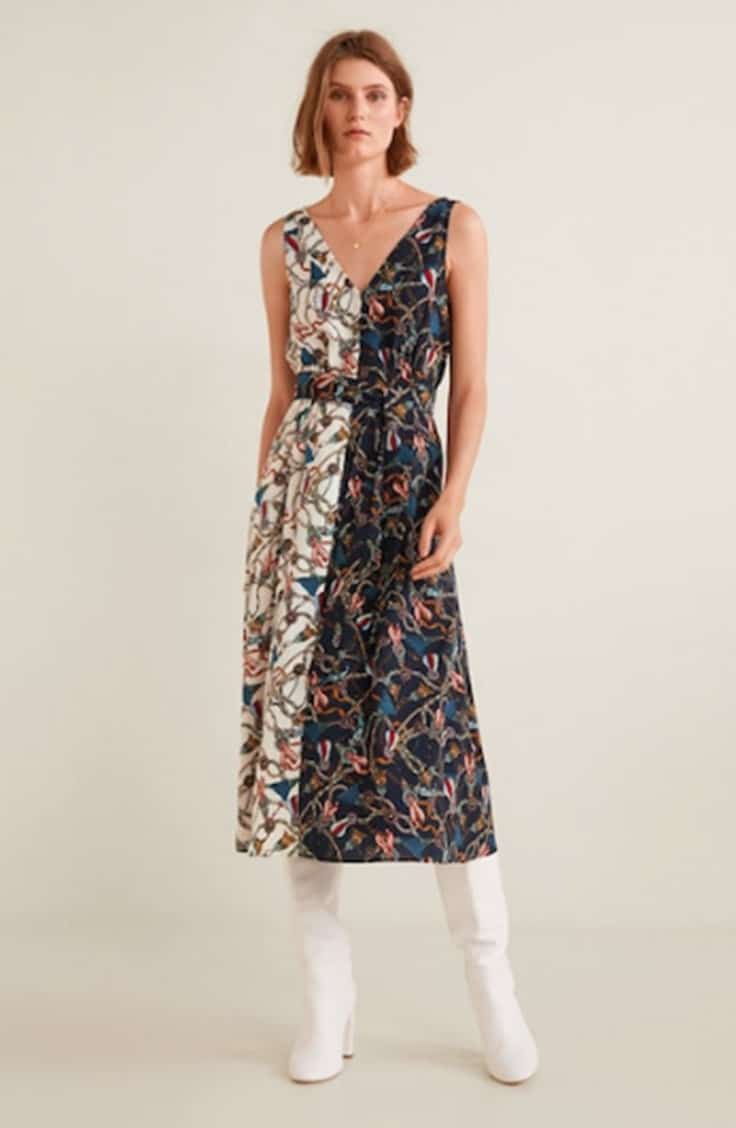 Woman wearing scarf print dress