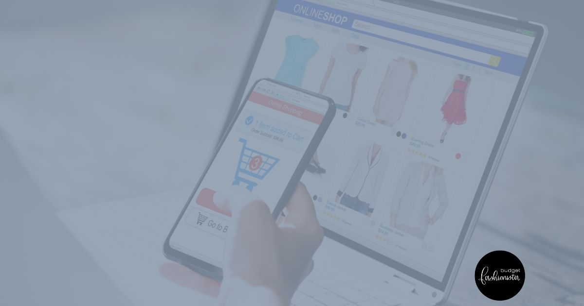 Handing holding mobile phone with shopping site on screen.