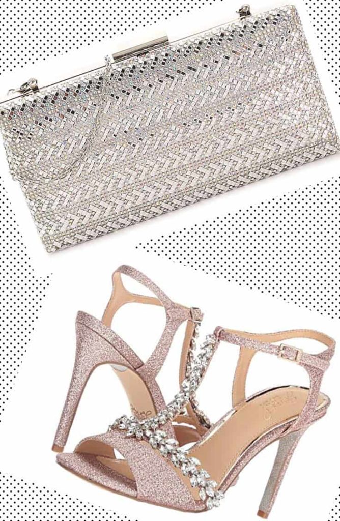 Sparkly metal clutch and rhinestone shoes