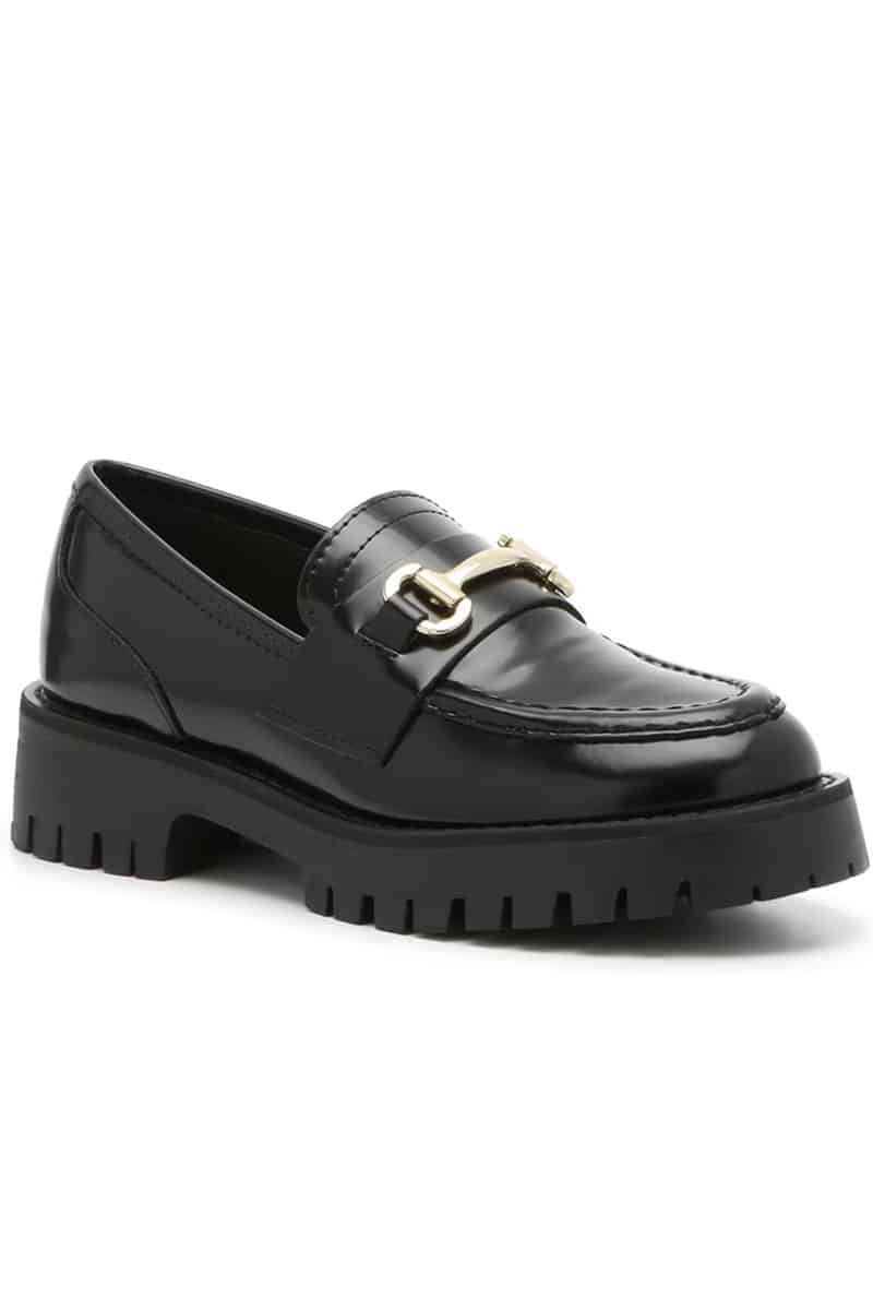 Black chunky loafer for women by Steve Madden.