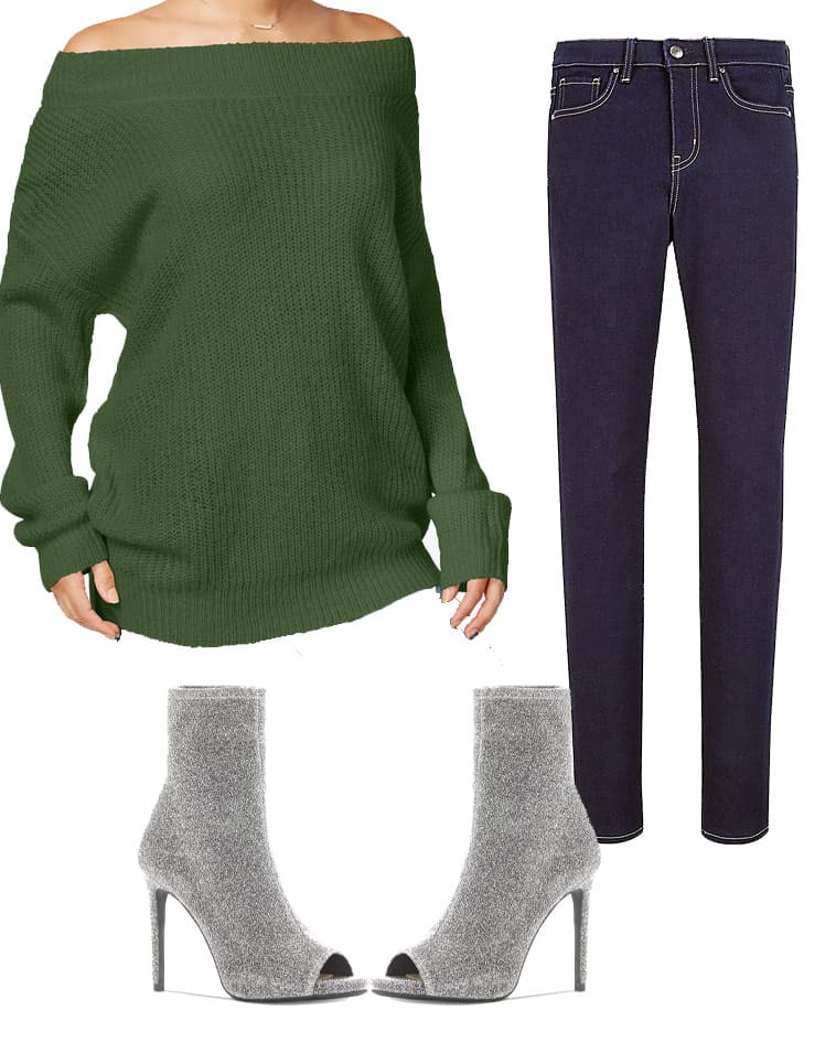 Off shoulder green sweater with dark wash skinny jeans and silver booties
