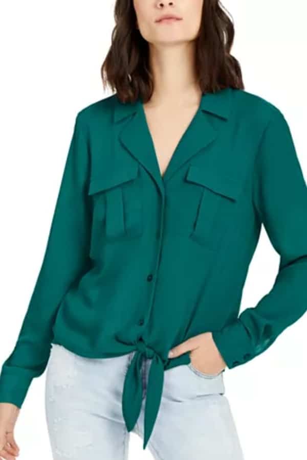 Green, tie front blouse