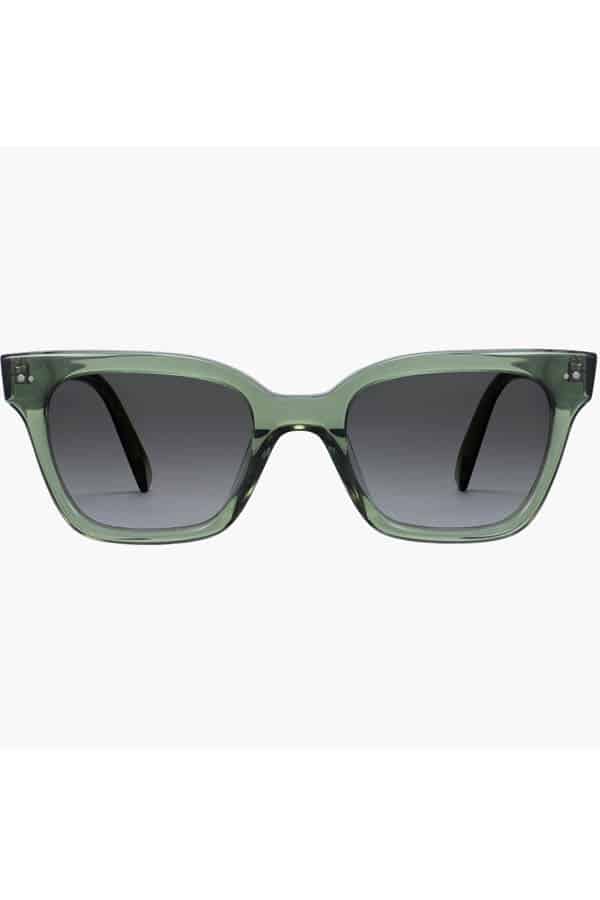 Warby Parker sunglasses with green frames against a white background.