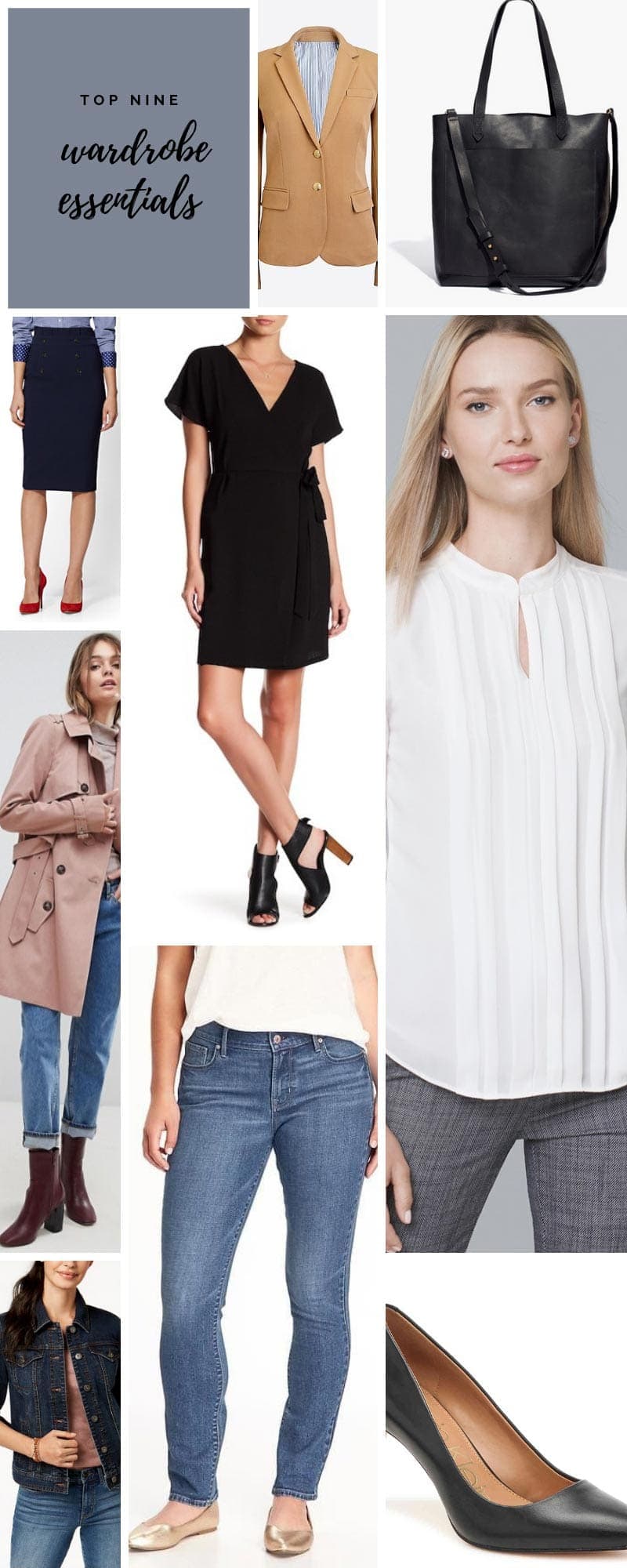Collage of top nine wardrobe essentials