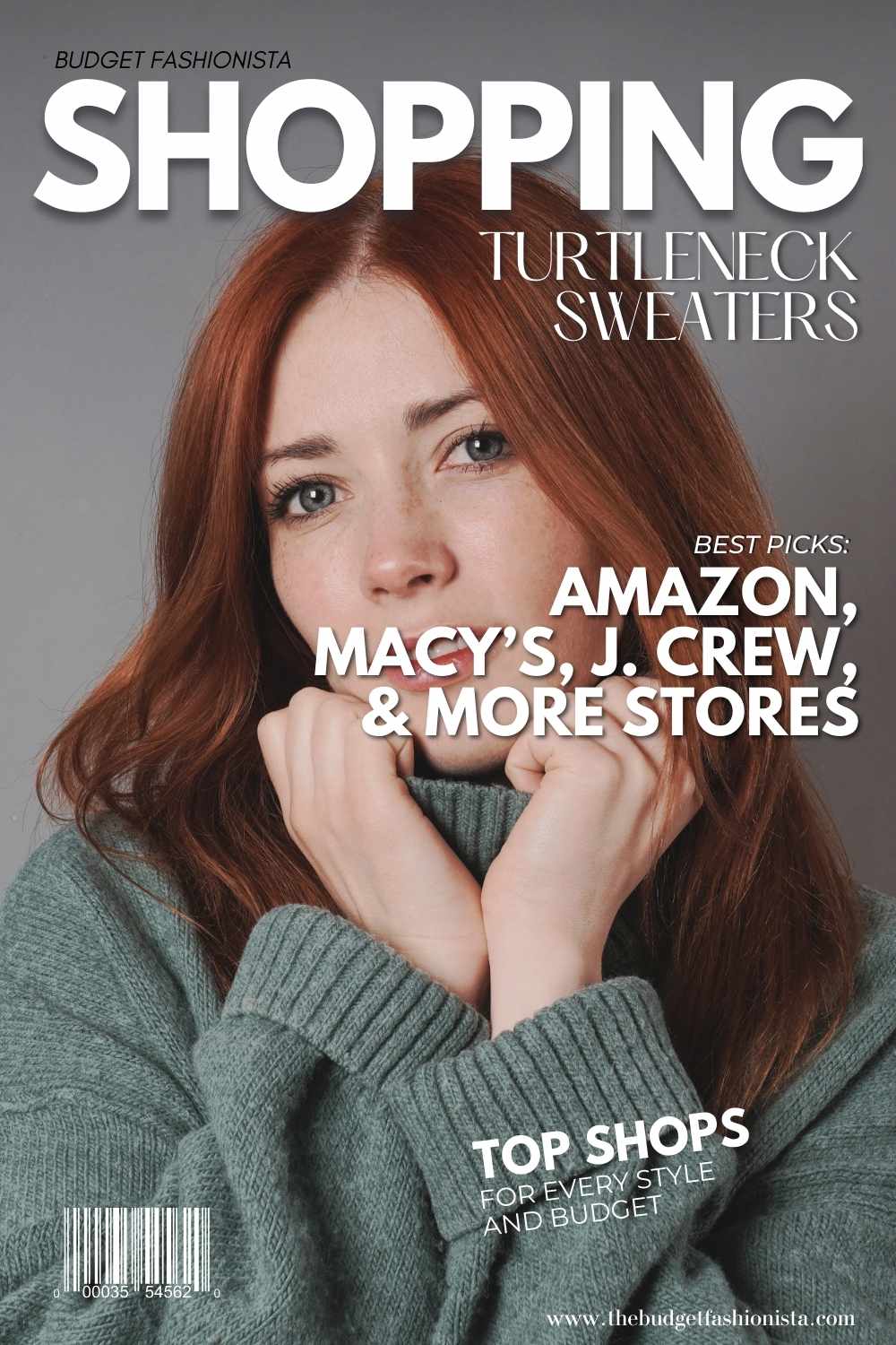 Woman wearing green turtleneck with text overlay.