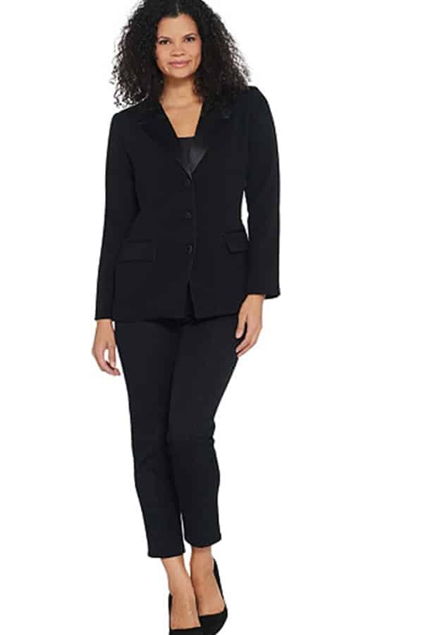 Woman wearing black tuxedo jacket