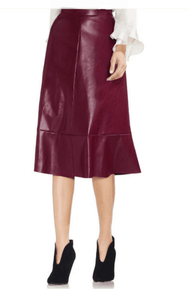 Dark red faux leather midi skirt