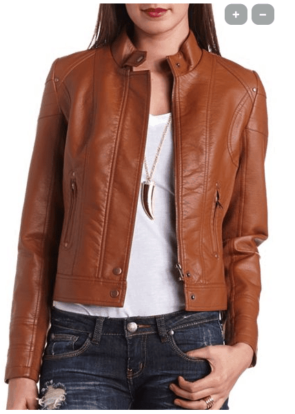 FAUX LEATHER MOTO JACKET, available at charlotterusse.com, $39.99 