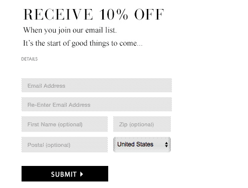 Screenshot of discount for joining email list