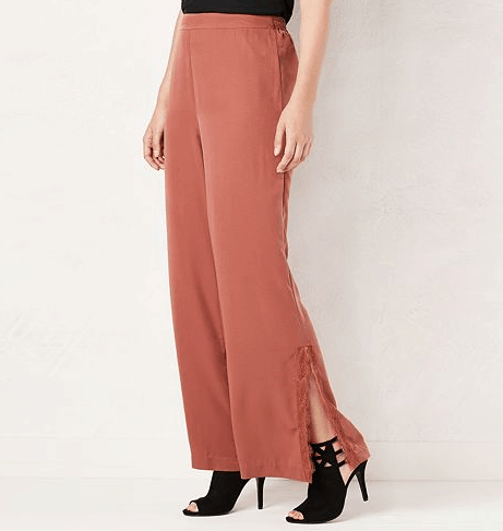 copper, wide-legged pant with lace trim
