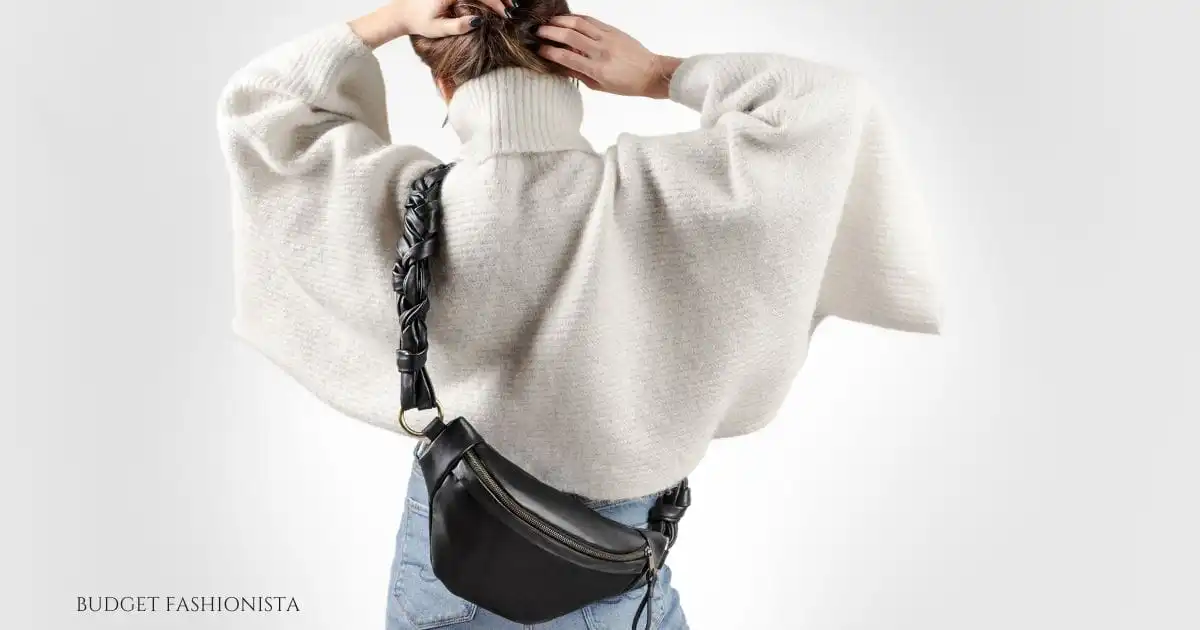 View from behind of woman wearing crossbody bag.