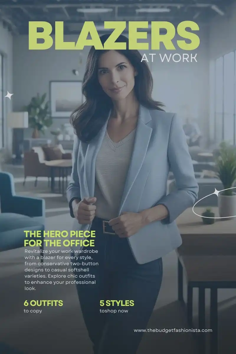 Woman wearing blazer with text overlay of blog post title. 