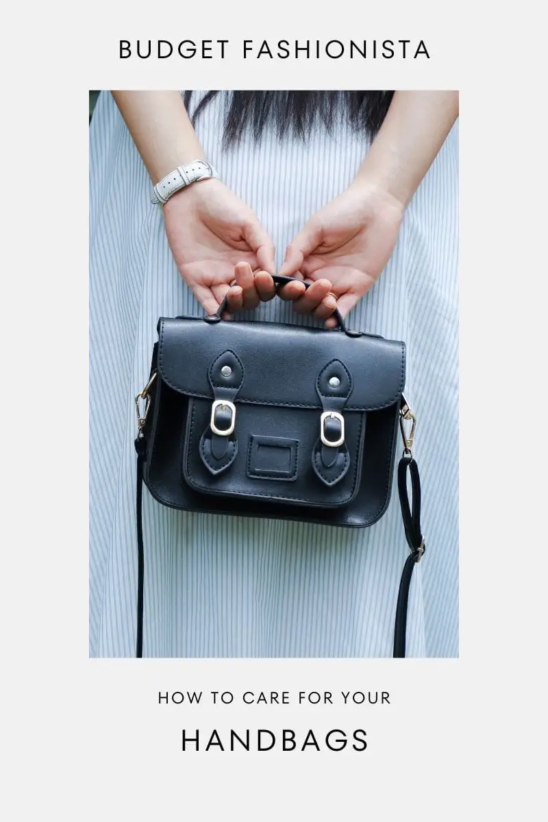 Woman holding handbag behind her back with text overlay of post title.