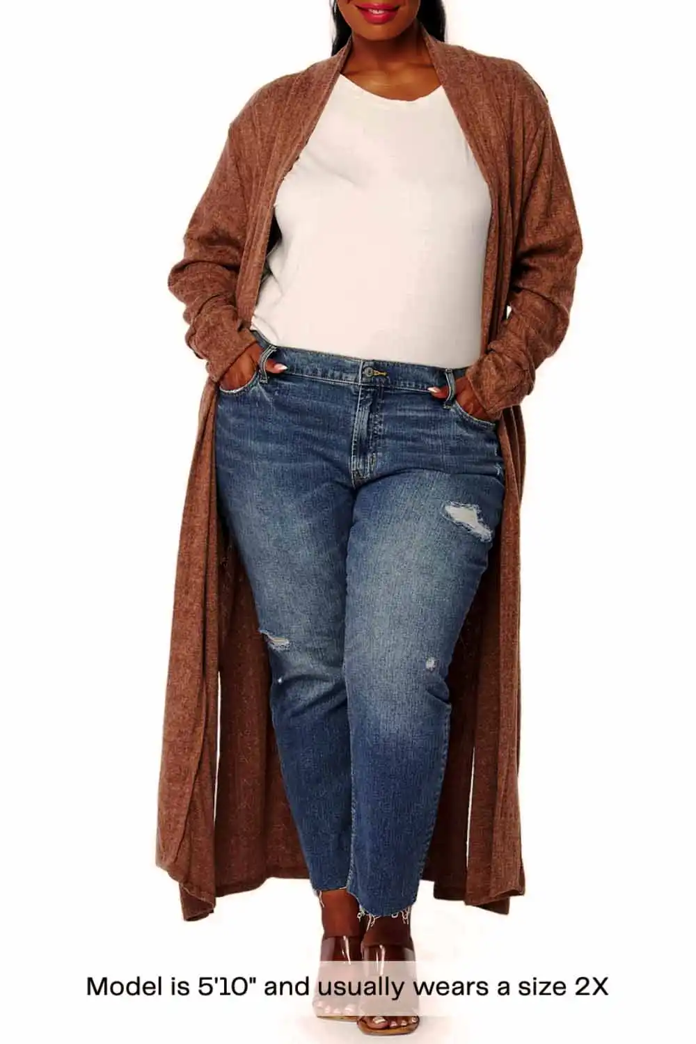 Model wearing knit duster cardigan with jeans and tee shirt.
