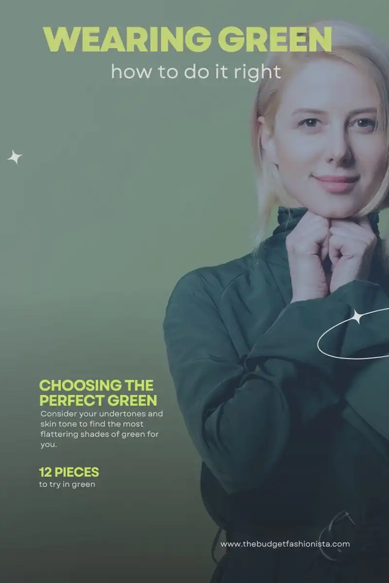 Woman wearing green top against green background with text overlay.