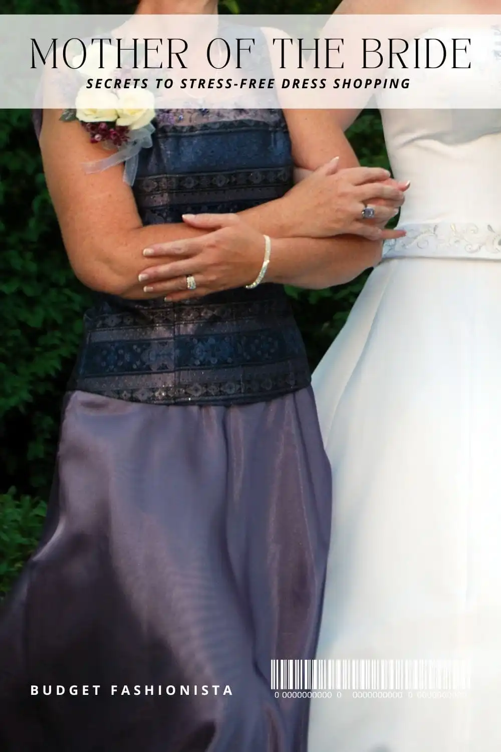 Shoulder to hip view of two women in formal dresses walking side by side.