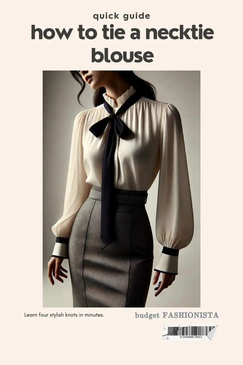 Woman wearing necktie blouse. 