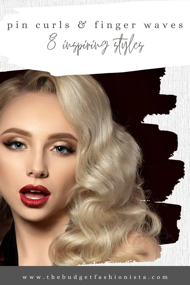 Blond woman with retro makeup and finger waves with text overlay.